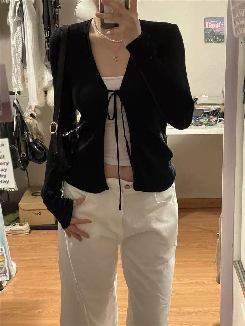 bm solid color cardigan jacket women's summer new style lace-up shawl long-sleeved layered short small waistcoat top trendy