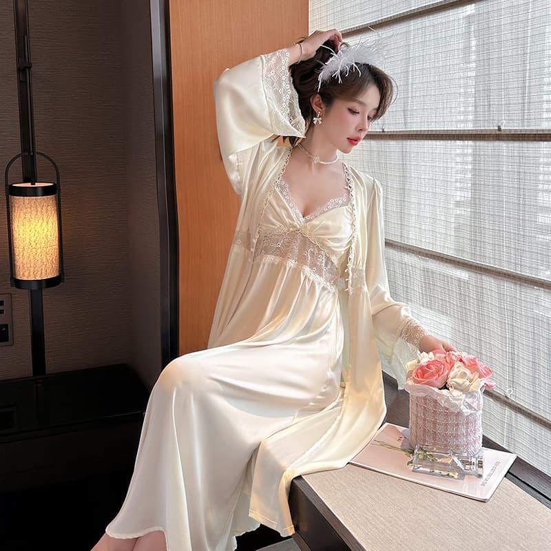 2025 New Ice Silk Pajamas for Women Summer Long Sleeve Long Dress Breathable Casual Fairy Style Thin Homewear Two-Piece Set