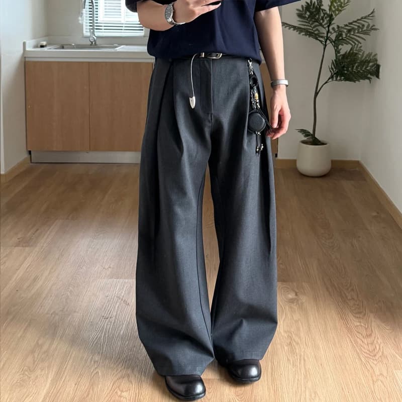 Spring and Autumn Dark Gray 3D Box Pleated Dress Pants Men's A-Line Wide Leg Curved Blade Cleanfit Long Trousers Cross-Border