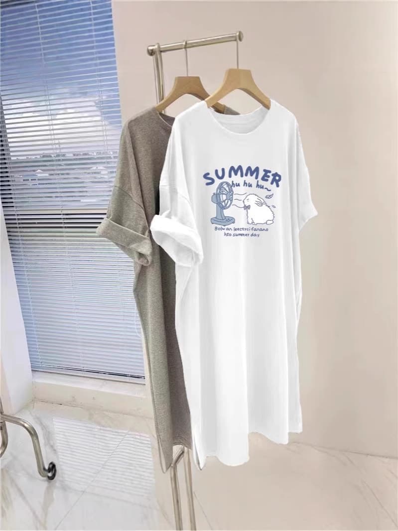 Korean Style Pure Cotton Short Sleeve Dress for Women Summer 2026 New Plus Size Loose Mid-Length Over Knee Slit T-Shirt Dress