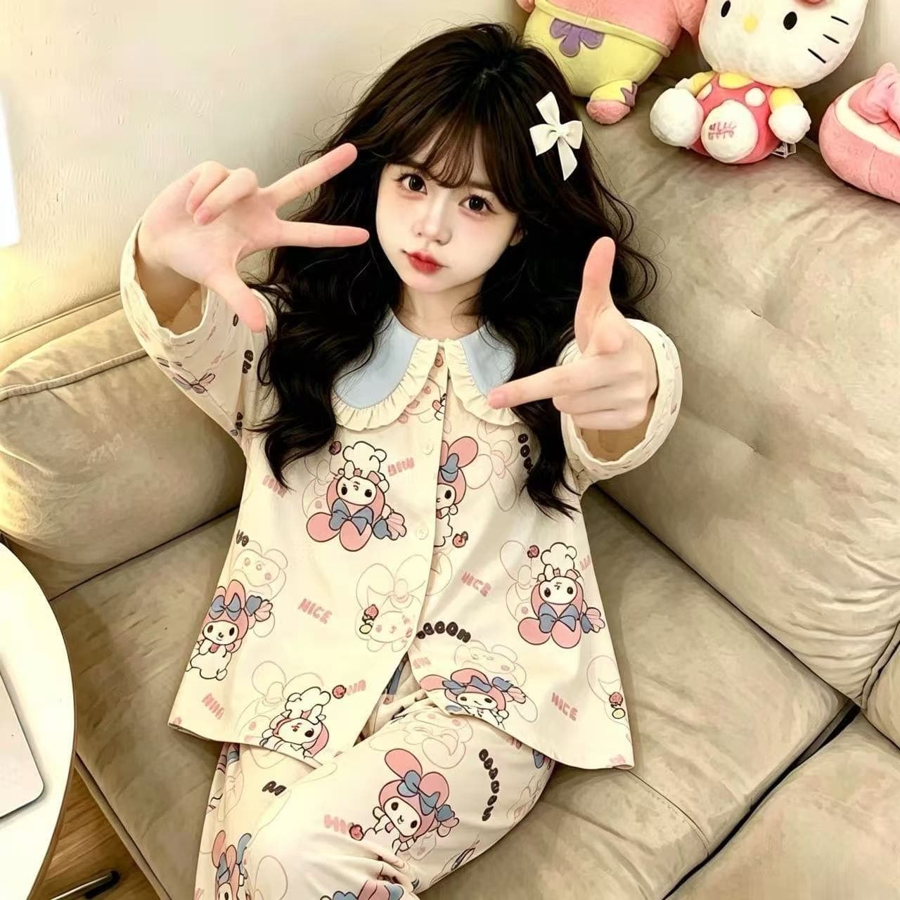 Spring/Autumn Long Sleeve Long Pants Cardigan Doll Collar Cloud Cotton Girls' Printed Kids Homewear Set for Toddlers and Older Kids