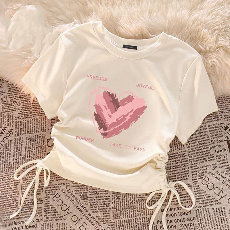New Chinese style girls' solid color short tops for summer children's Western-style thin half-sleeves, medium and large children's drawstring design short sleeves