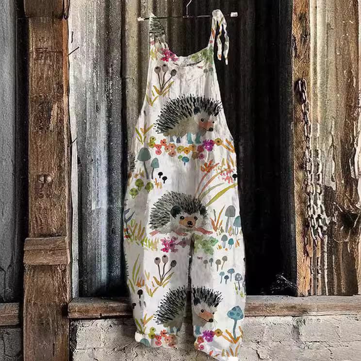 2025 Cross-border Amazon Women's Summer New Cotton Linen Overalls Printed Camisole Casual Jumpsuit Beach Pants