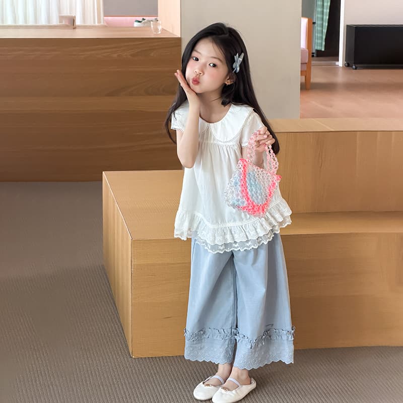 Elmo Beibei girls milk white light blue clean healing breathable cotton exquisite princess style lace short-sleeved doll shirt