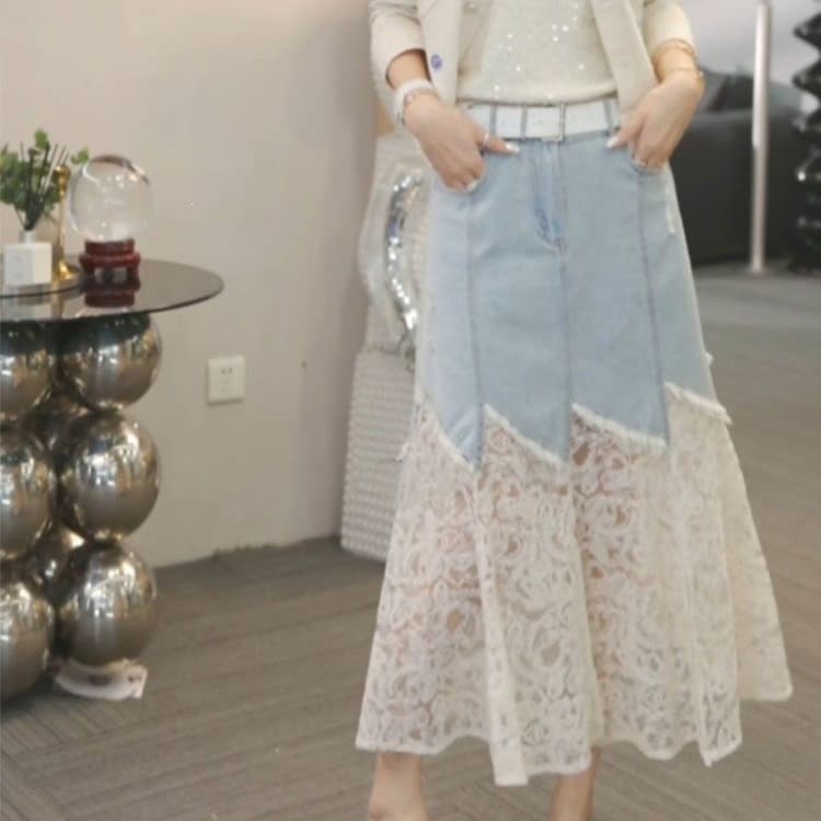 2026 Spring/Summer American Retro Denim Patch Mermaid Skirt for Women, Slimming Irregular A-Line Lace Tulle Skirt Fashion