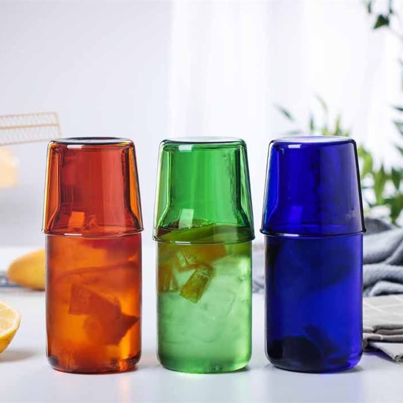 Single Serving Juice Drink Cold Water Pitcher Colorful High Borosilicate Glass One Pitcher One Cup Set