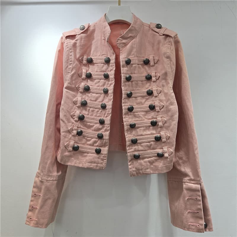 Stand-up collar palace style button-down design for women 2026 autumn short all-match jacket heavy metal buckle denim jacket