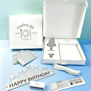 Birthday Cake Knife Fork Plate Cutlery Set Disposable Paper Plate Candle Birthday Hat 7-in-1 Premium Combination Box