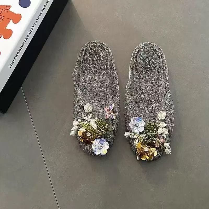 Korean-style Rhinestone Flower Crystal Women's Jelly Slippers, Beach Sandals, Summer Home Slippers