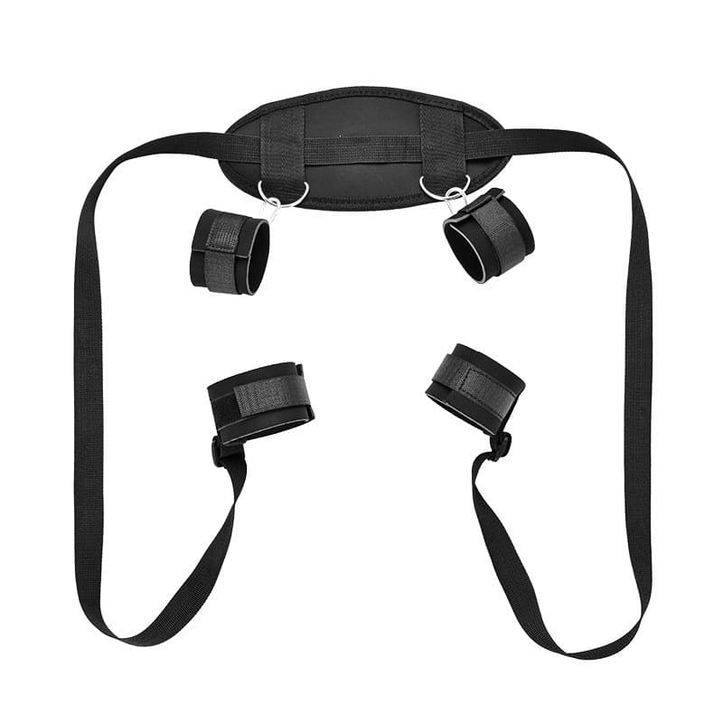 SM props, sex products for couples, sex tools, shared bed, kneeling and leg splitters, restraints, handcuffs, fun