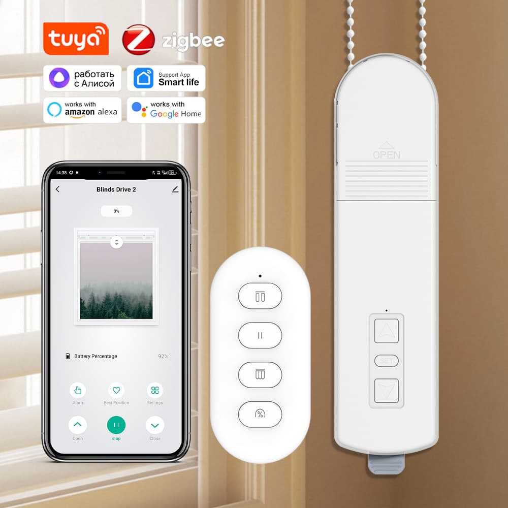 ZigBee Smart Curtain Motor with Beaded Pull Cord for Roller Blinds and Venetian Blinds, Remote Control and APP Control, Automatic Curtain Motor