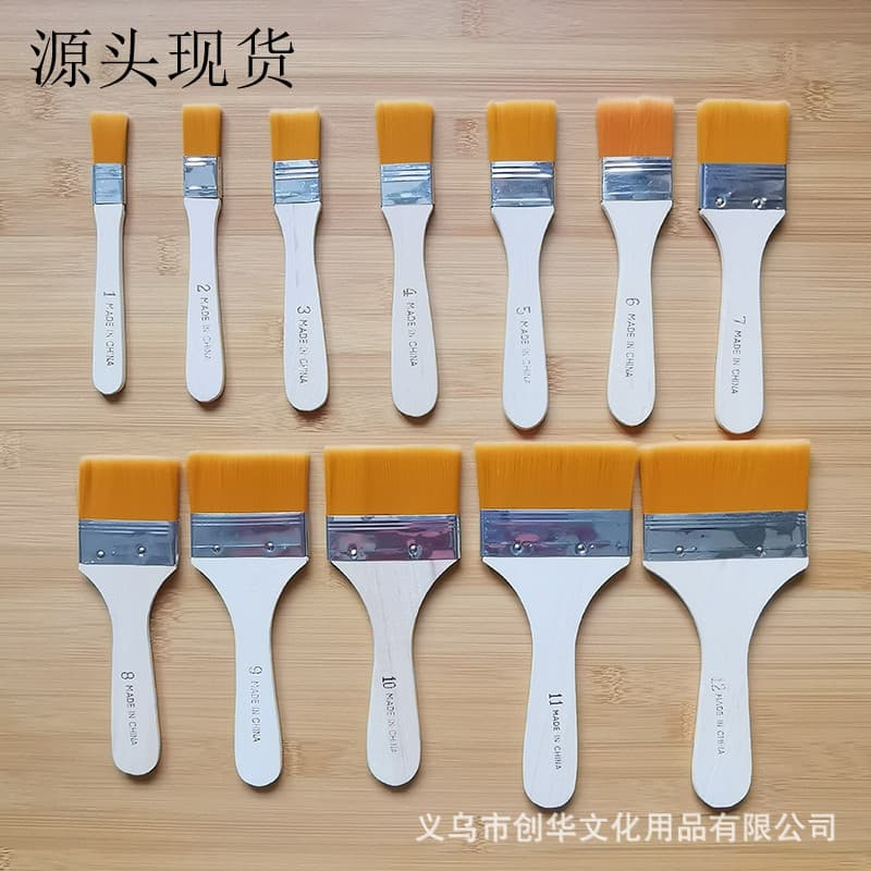Source-direct stock of nylon brushes in sizes 1-12 (yellow and white bristles), including small nylon oil painting brushes, barbecue brushes, and bristle brushes.