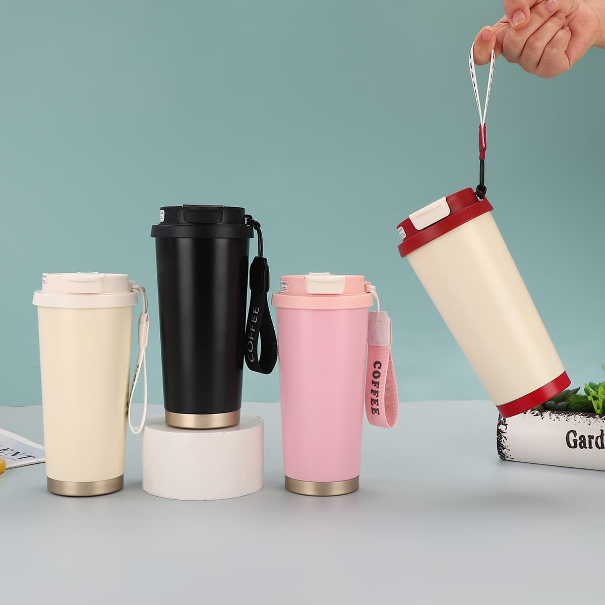 Stylish Lily of the Valley Thermos Bottle Dual-Drink Vacuum Stainless Steel Coffee Cup Travel Mug Outdoor Portable with Carry Strap