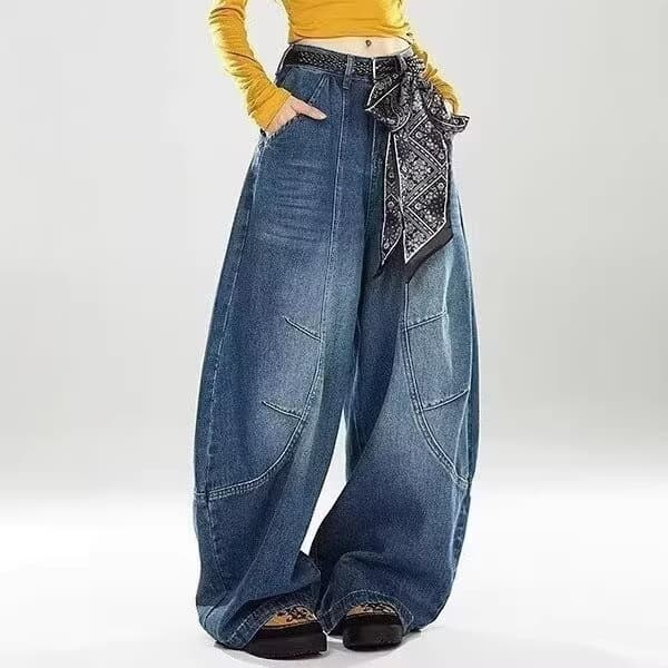 American Vibe High Street Patchwork Curved Jeans for Men Spring Autumn Niche Design Draped Loose Wide Leg Long Pants