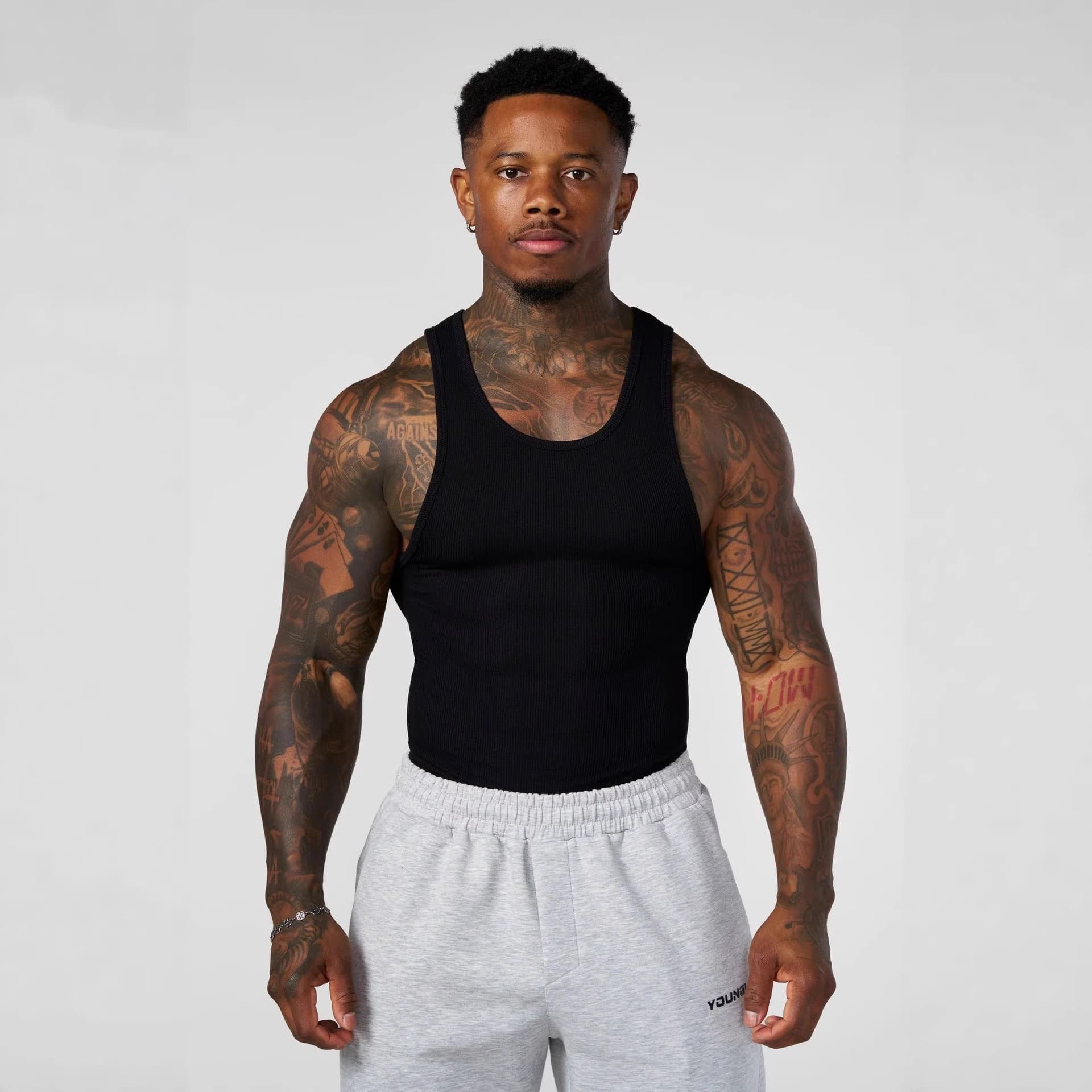 YOUNGLA New Knit Ice Silk Ribbed Vest Men's Sports Fitness Vest Running Basketball Training Tight Top