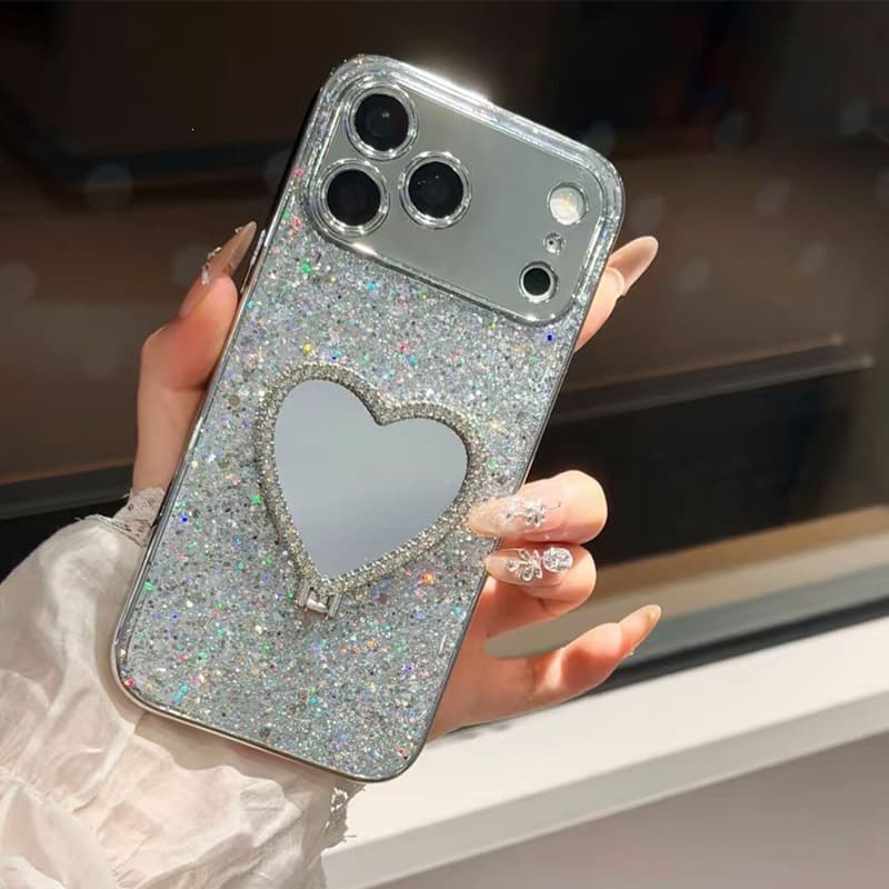 Resin Glitter Sequins Fresh Full-Coverage Phone Case for iPhone 17, Heart Mirror, Apple 16 Protective Cover
