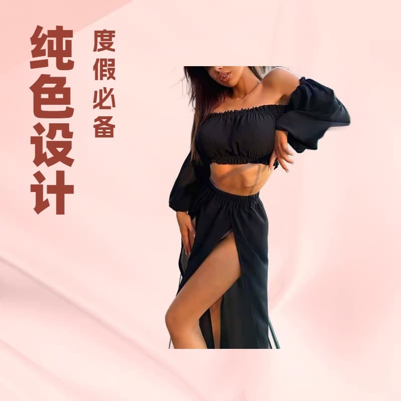 2026 Summer New Off-Shoulder Long Sleeve Fashion Vacation Solid Chiffon Set Women's Beachwear