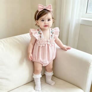 Summer Baby Girl Lace Collar Flutter Sleeve Bodysuit, Newborn Triangle Romper, Full Moon Party Princess Crawl Suit