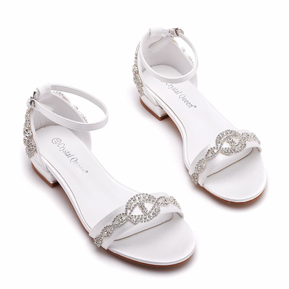 2cm Square Heel Sandals Shallow Mouth One Strap Buckle Sandals Ivory Silk Satin Fabric Bride Rhinestone Sandals Women