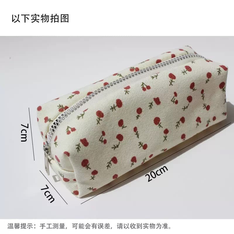 Small fresh cherry canvas pencil case, multifunctional portable storage bag, student stationery bag, simple pencil case, makeup
