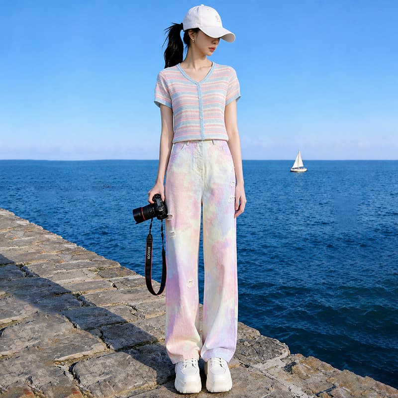 Short-sleeved cardigan for women 2026 new summer women's fashion trendy brand age-reducing slimming tie-dye high-waisted jeans two-piece set