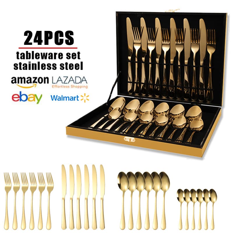 Stainless Steel Cutlery Set 24 Pieces Gold Wooden Box Western Dining Knife Fork Spoon Gift Box Set Modern Simplicity Mirror Polished
