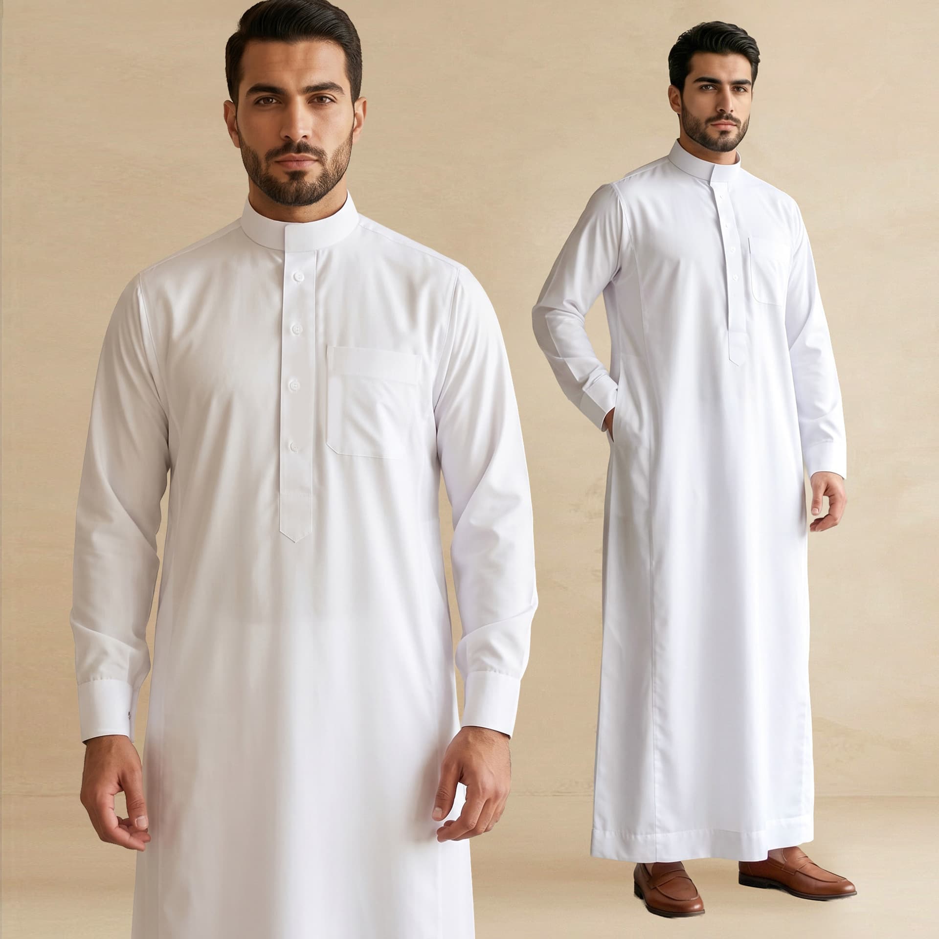 ST02 New Men's Casual White Thobe Zip-Up Stand Collar Half-Zip Basic Style