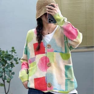 Printed Colored Mink Fur 2025 Fall Winter New Arrival High-End Loose Knit Cardigan V-Neck Sweater for Women Factory Direct