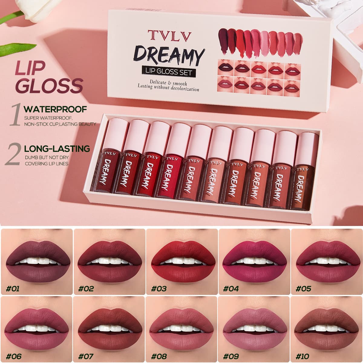 Cross-border TVLV Dream Lip Gloss Set of 10, Matte Velvet Waterproof Liquid Lipstick Kit, European and American Style