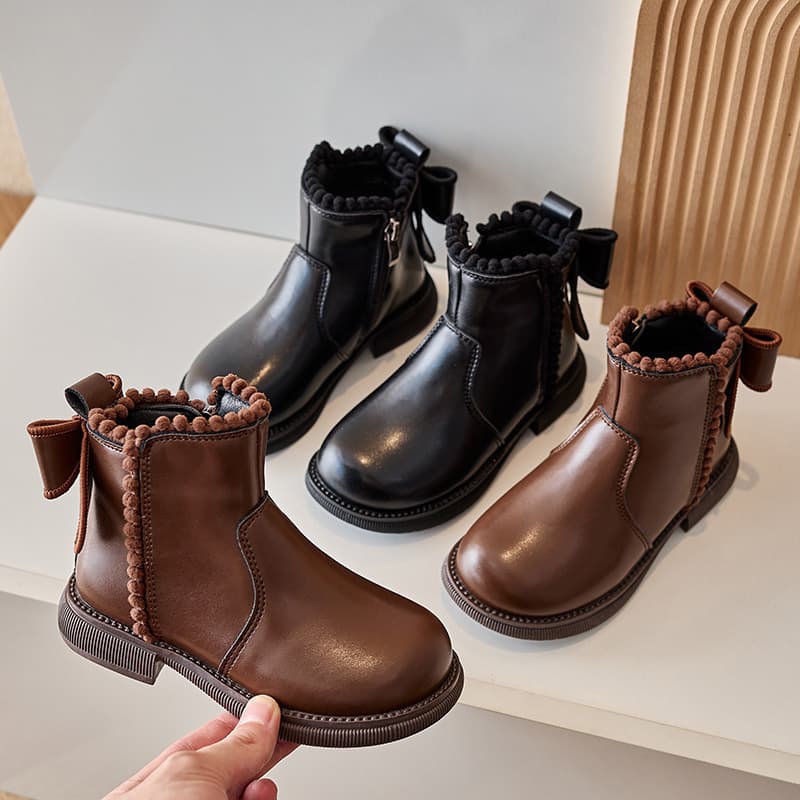 Girls' Short Boots Autumn Winter New Bowknot Warm Martin Boots Stylish Medium and Large Kids Soft Sole Versatile Princess Leather Boots