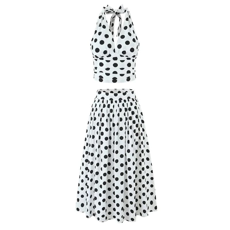 Korean Niche Halterneck Strap Camisole Women's Elastic Waist Polka Dot Print Pleated Mid-Length Skirt Suit