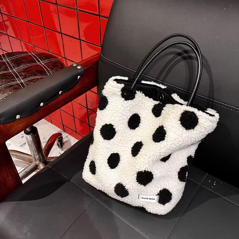 Autumn/Winter Original Handmade Small Tote Bag with Lamb Wool, Black and White Polka Dot Casual Handbag