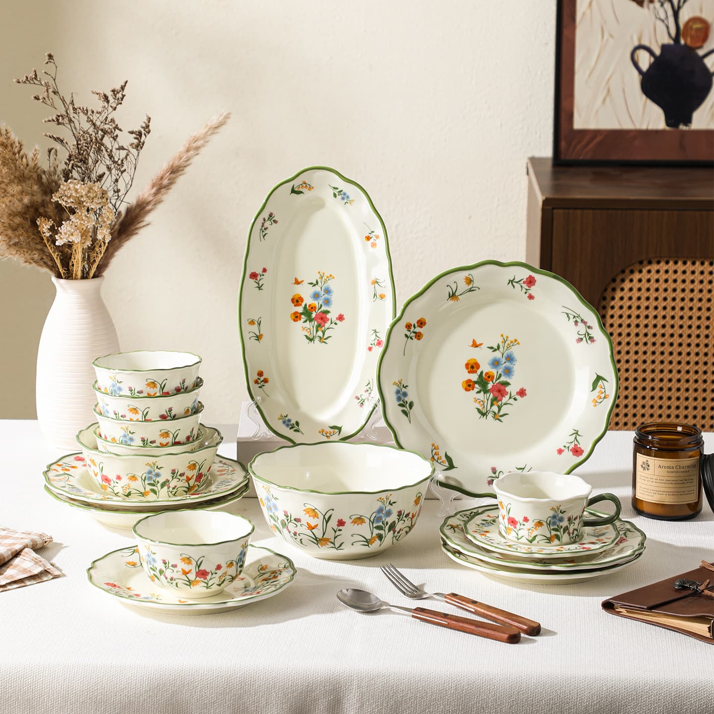 Embossed Glazed Mid-Color Home Dinnerware Set: Rice Bowls, Noodle Soup Bowls, Vegetable Plates, Simple Style Bowls, Plates, Cups, and Saucers
