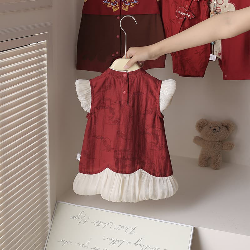 Baby Girl Summer Chinese Style Dress for 100 Days, Crawling, Toddler Adorable Princess Dress, Birthday Party Tulle Gown