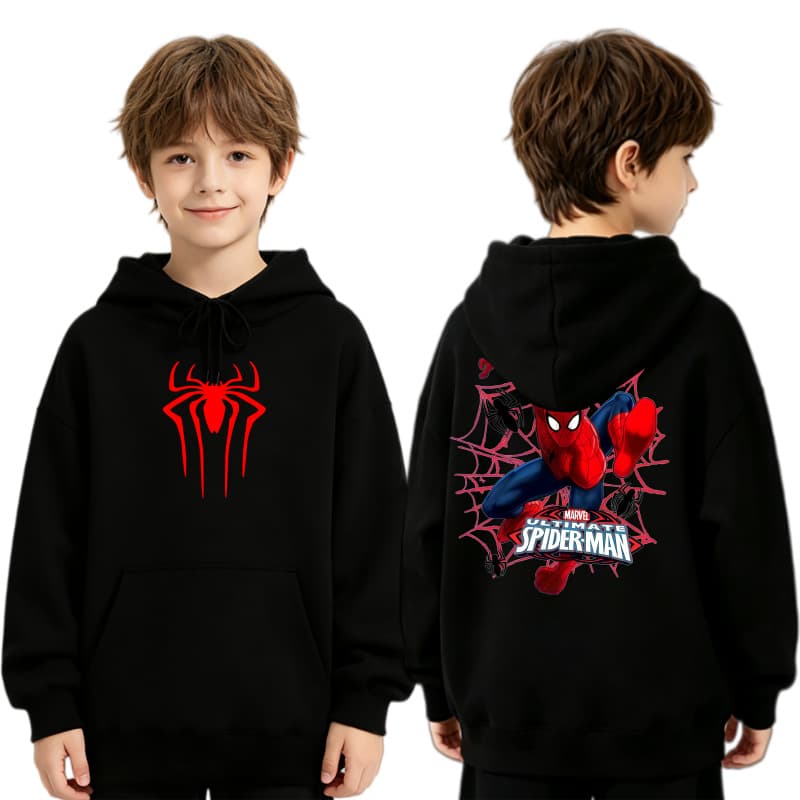 Kids Spider-Man Print Hoodie, Boys' Spring, Autumn and Winter New Black Sweatshirt, Marvel Cartoon Hoodie