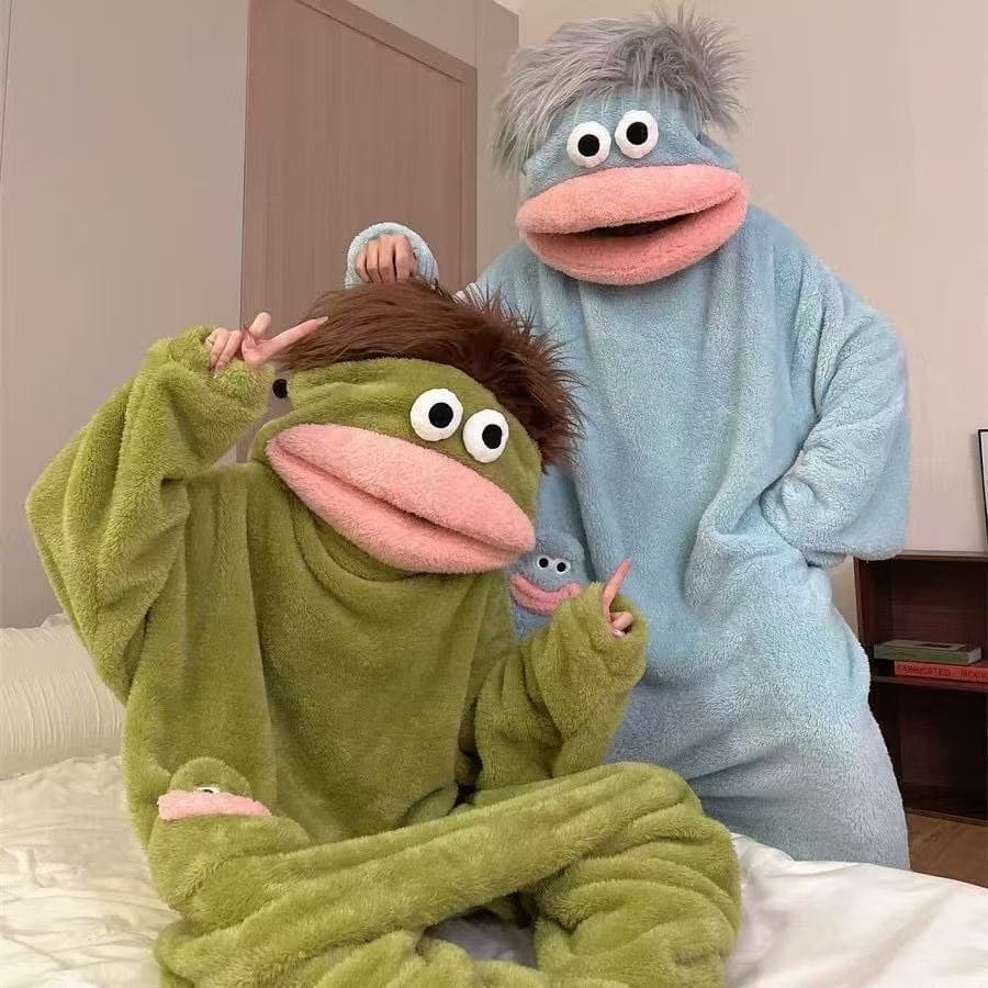 Big Mouth Monster Pajamas Women Coral Fleece Winter Thickened Onesie Cartoon Funny Abstract Couple Ugly Fish Robe Wearable Out