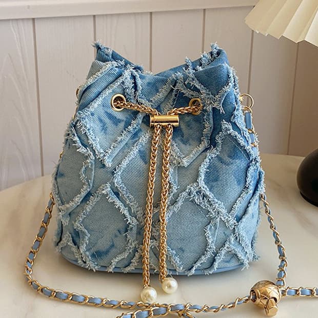 New Crossbody Bag for Women, Chain Denim Design Shoulder Bag, Versatile Solid Color Diamond Pattern Bucket Bag