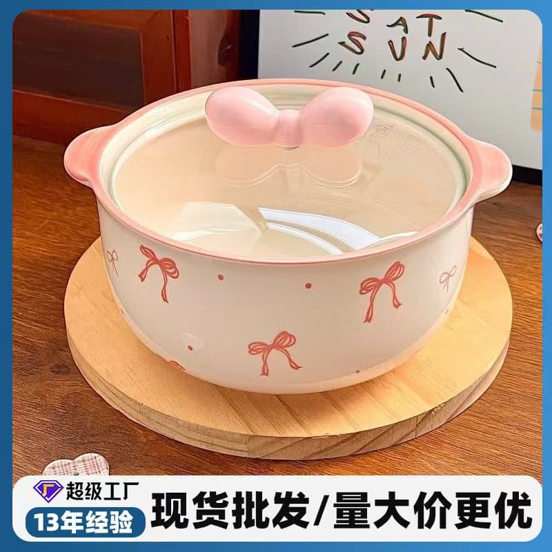 High-Quality Anti-Scald Noodle Bowl with Butterfly Knot Design, Ceramic Underglaze Color, Double Ears, and Butterfly Knot Top Lid
