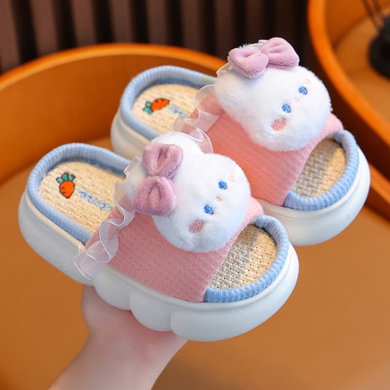 Children's Linen Rabbit Slippers, Spring/Autumn Girls' Home Baby Non-Slip Parent-Child Four-Season Boys' Floor Cotton Slippers Winter