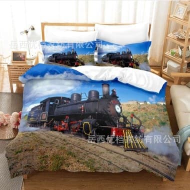 Cross-border Digital Printed 3-Piece Bed Sheet Set with Small Train Brushed Fabric, European and American Bedding Set with Pillowcases and Fitted Sheet, Full Range of Styles