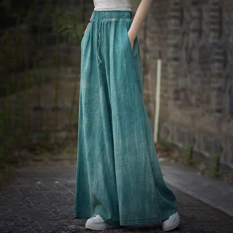 Chinese Zen Retro Straight Leg Pants Autumn New Hand Tie-Dye Versatile Long Pants Cotton Linen Artistic Loose Wide Leg Pants