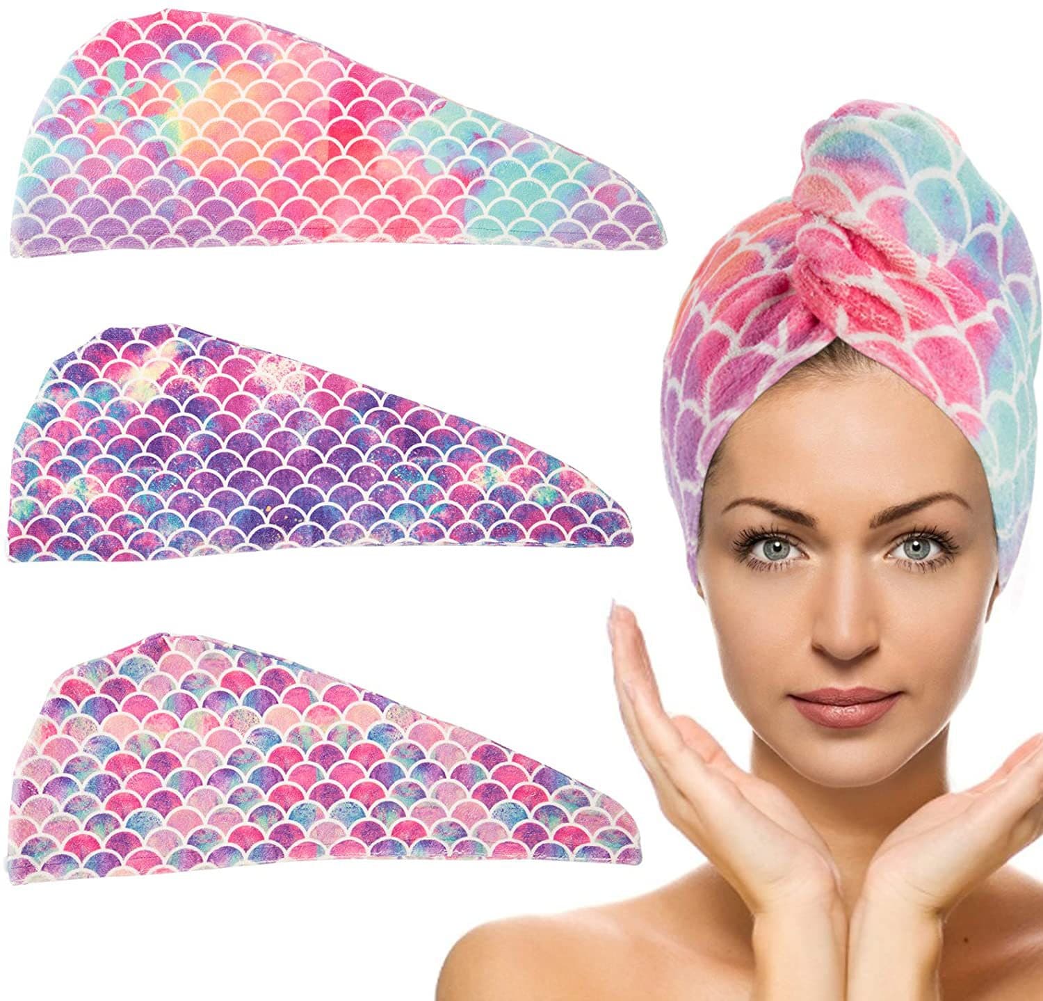 Cross-border fish scale printed dry hair cap microfiber dry hair towel mermaid printed logo turban dry hair cap