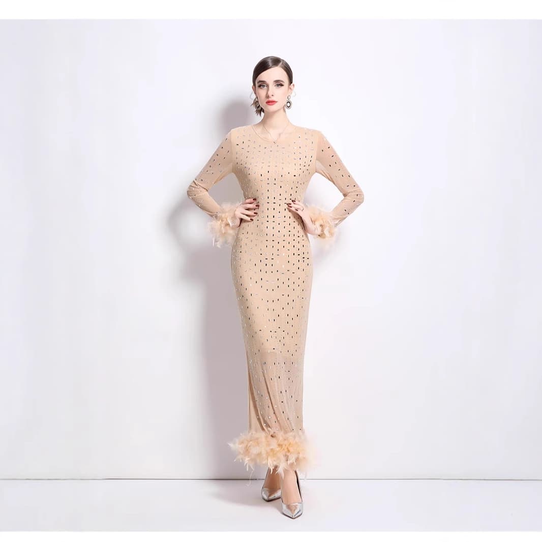 New European and American Light Luxury Elegant Woman Heavy Craft Mesh Rhinestone Splice Fire Feathers Waist Dress