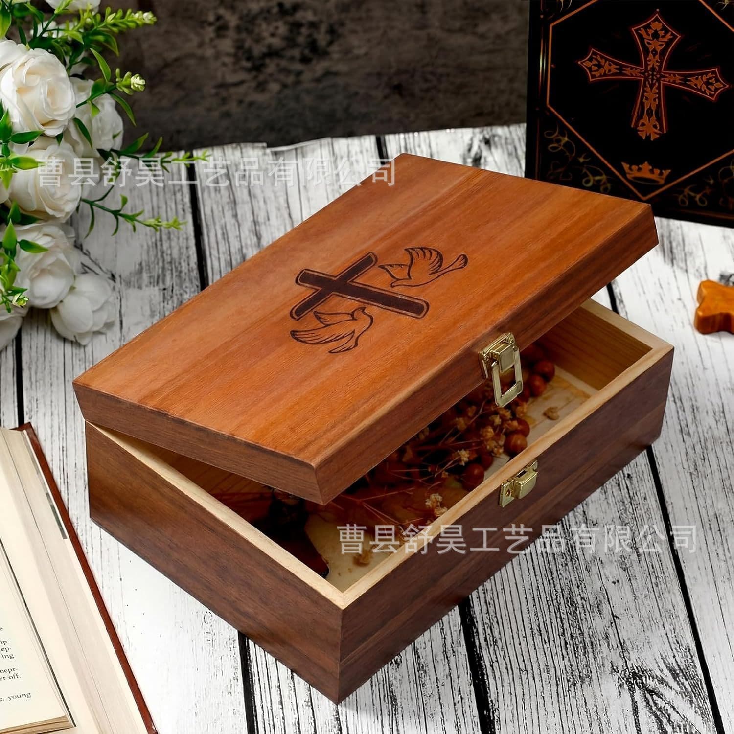 Cross-border Wooden Cross Souvenir Storage Box Holy Communion Baptism Gift Desktop Organizer Collection Wooden Box