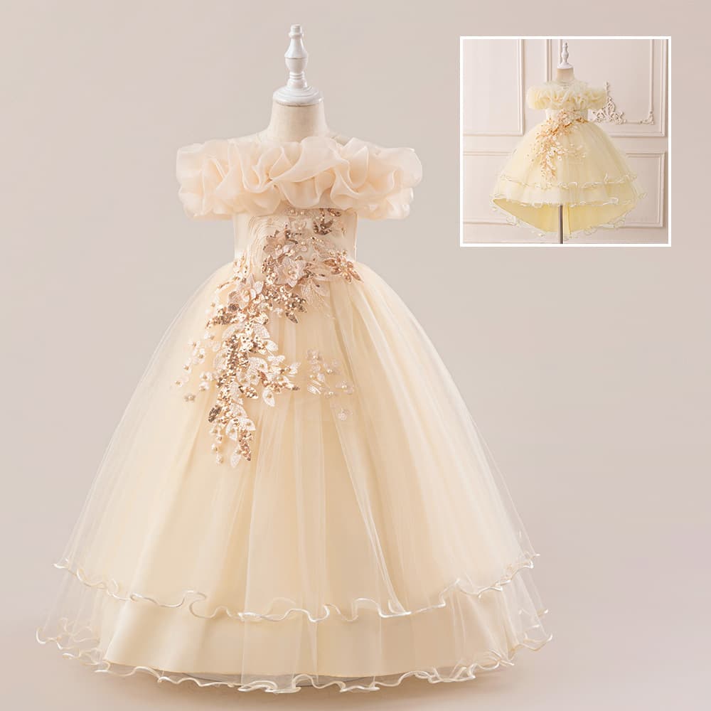 New Cross-Border Long Dress for Girls Piano Performance Gown Tulle Embroidered Beaded Princess Dress Birthday Gown