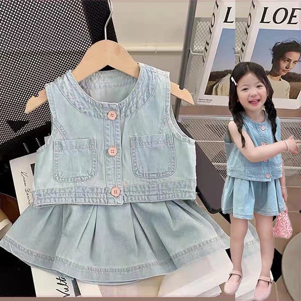 Girls Suit 2025 Summer New Children's Fashionable Vest and Skirt Two-piece Set Baby Fashionable Denim Clothes