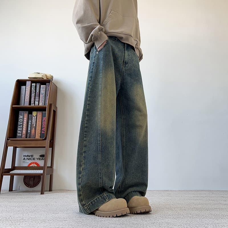 Free Shipping American High-Street Washed Curved Blade Jeans for Men, Spring/Autumn Loose Wide-Leg Versatile Cool Casual Long Pants