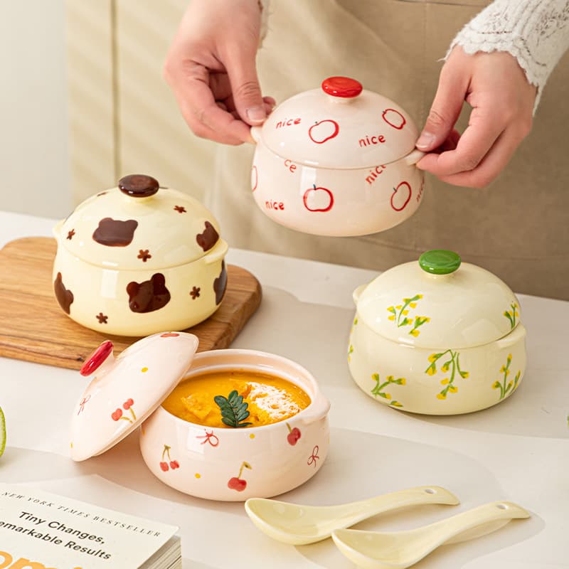 Steamed egg bowl with lid, special bowl for steamed egg custard, ceramic household crock stew pot, soup cup, baby food