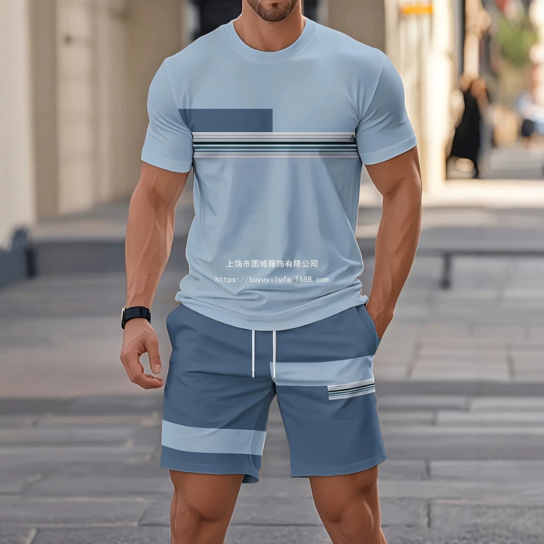 Light Khaki Brown Geometric Stripe Patchwork Set Men's Loose Short Sleeve Five-Point Shorts Casual