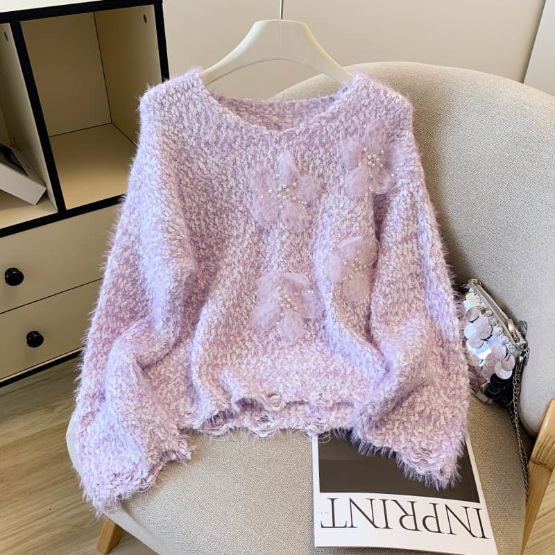 Sweater bottoming shirt for women, fashionable beaded flower imitation mink velvet short sweater
